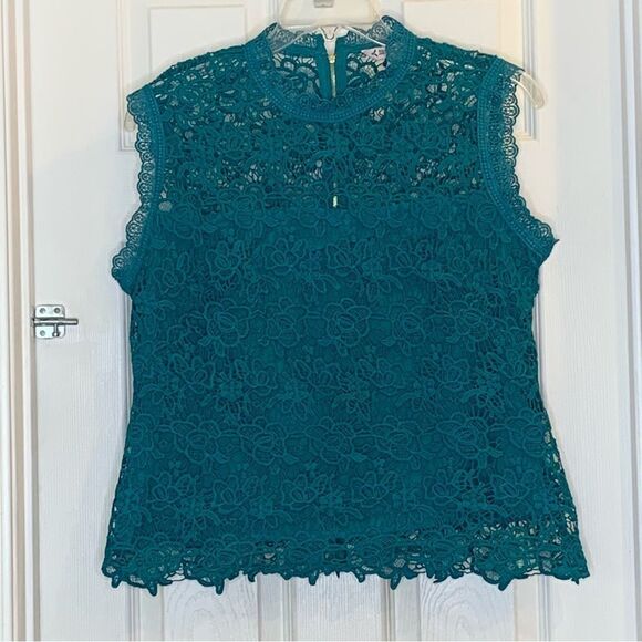 Nanette Lepore Sleeveless Mockneck Embroidered Lace Top Deep Lake Blue Size XL - Picture 9 of 10